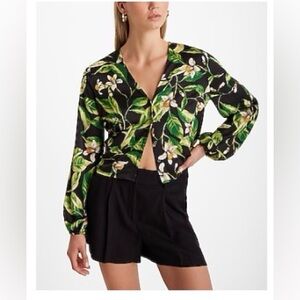 Express Floral V neck balloon sleeve button up shirt